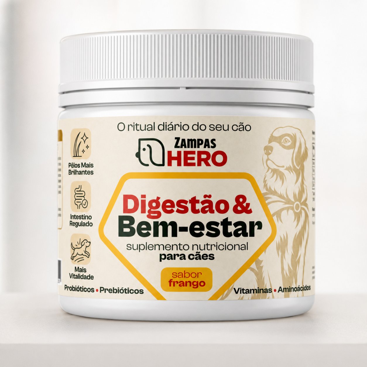 ZAMPAS HERO 250g, pote branco, sabor frango, suplemento vitamínico completo